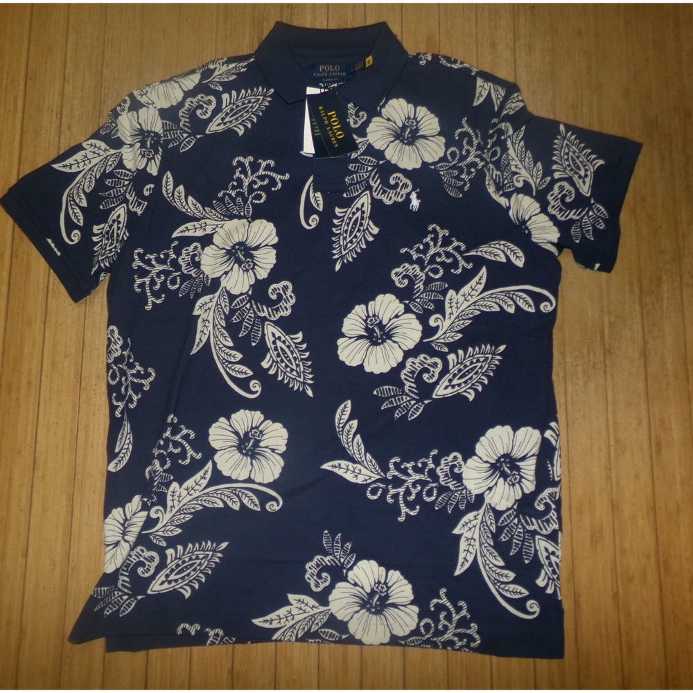 Polo Ralph Lauren Mens Classic Fit Navy White Hibiscus Floral Polo Shirt Large